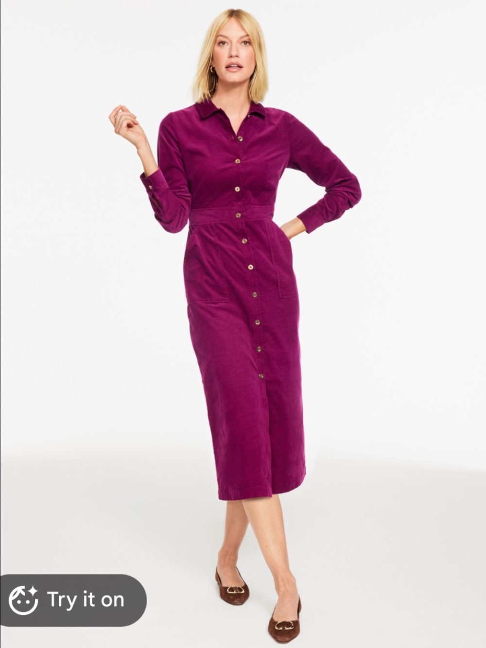 Talbots Corduroy Midi Shirt Dress Button Front 14P Purple Preppy Office Academia